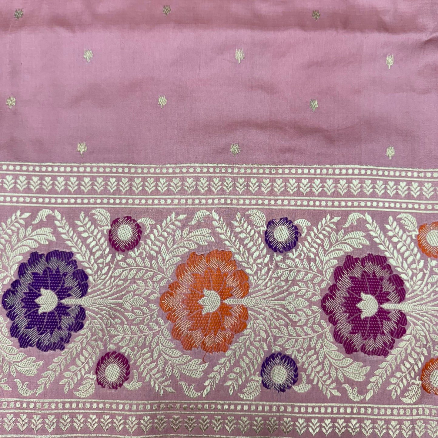 Pure Katan Phekwa Handwoven Butidar Design with Meenakari Border Baby Pink Banasari Saree
