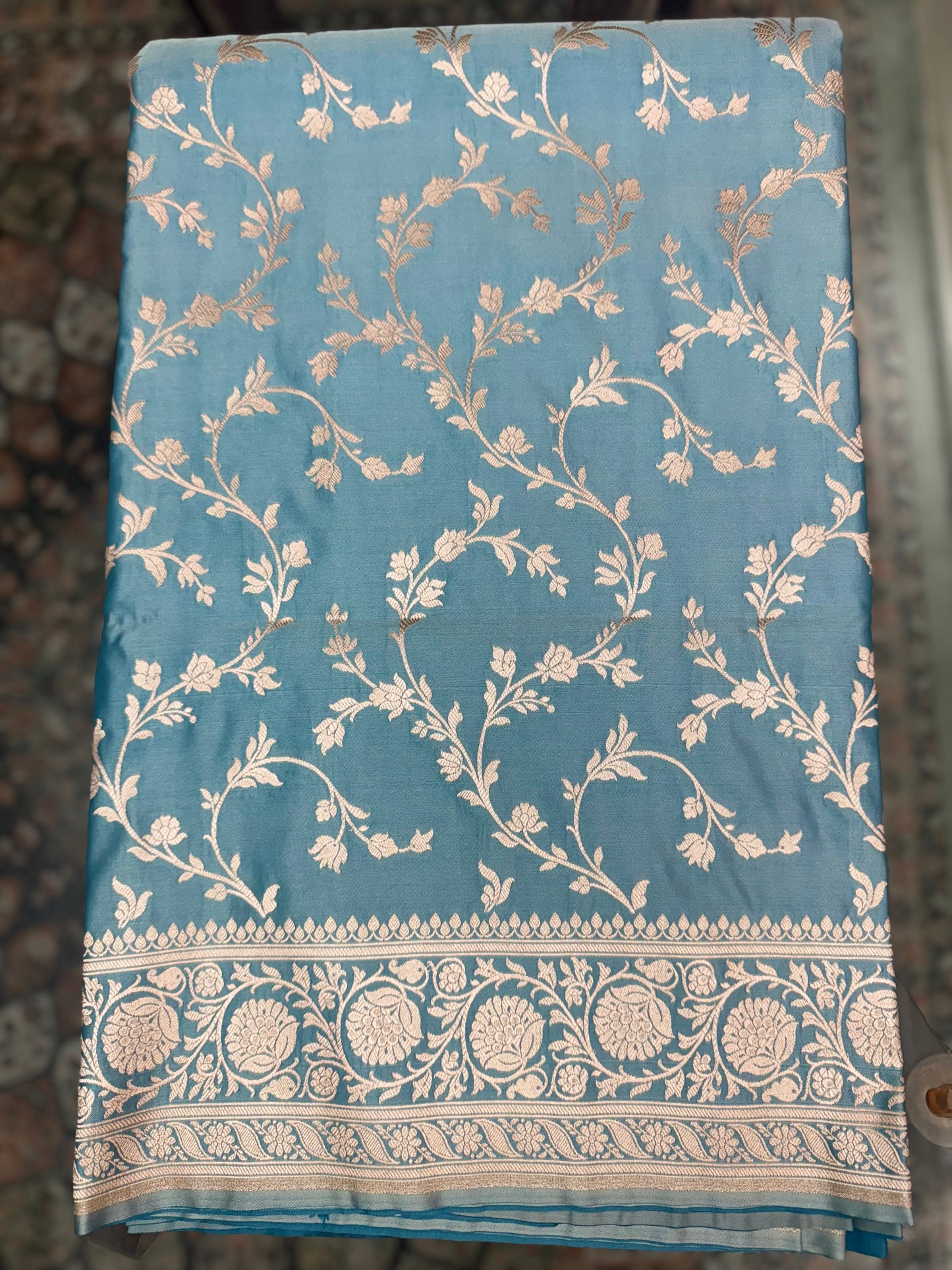 Mashru Silk Phekwa (cutwork) Jaal Design Border Aqua Blue Banarasi Saree