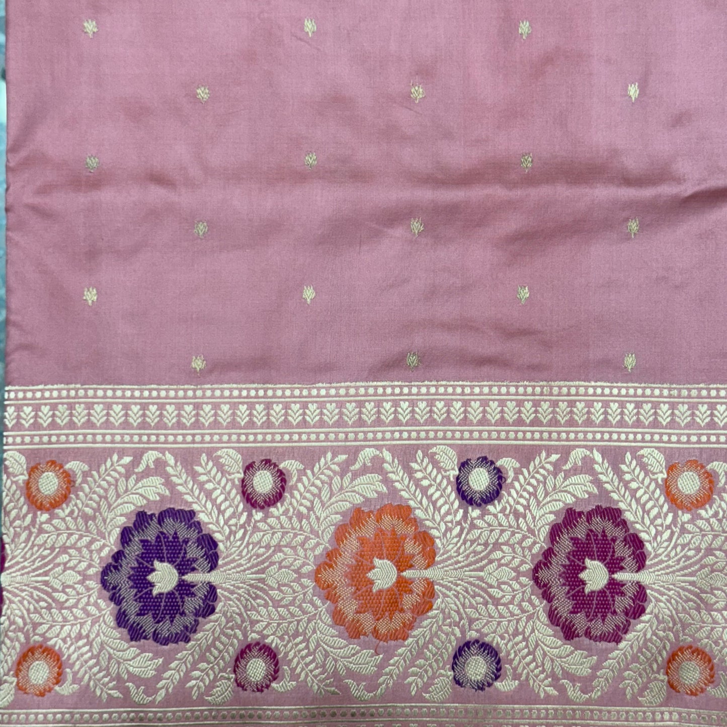 Pure Katan Phekwa Handwoven Butidar Design with Meenakari Border Baby Pink Banasari Saree