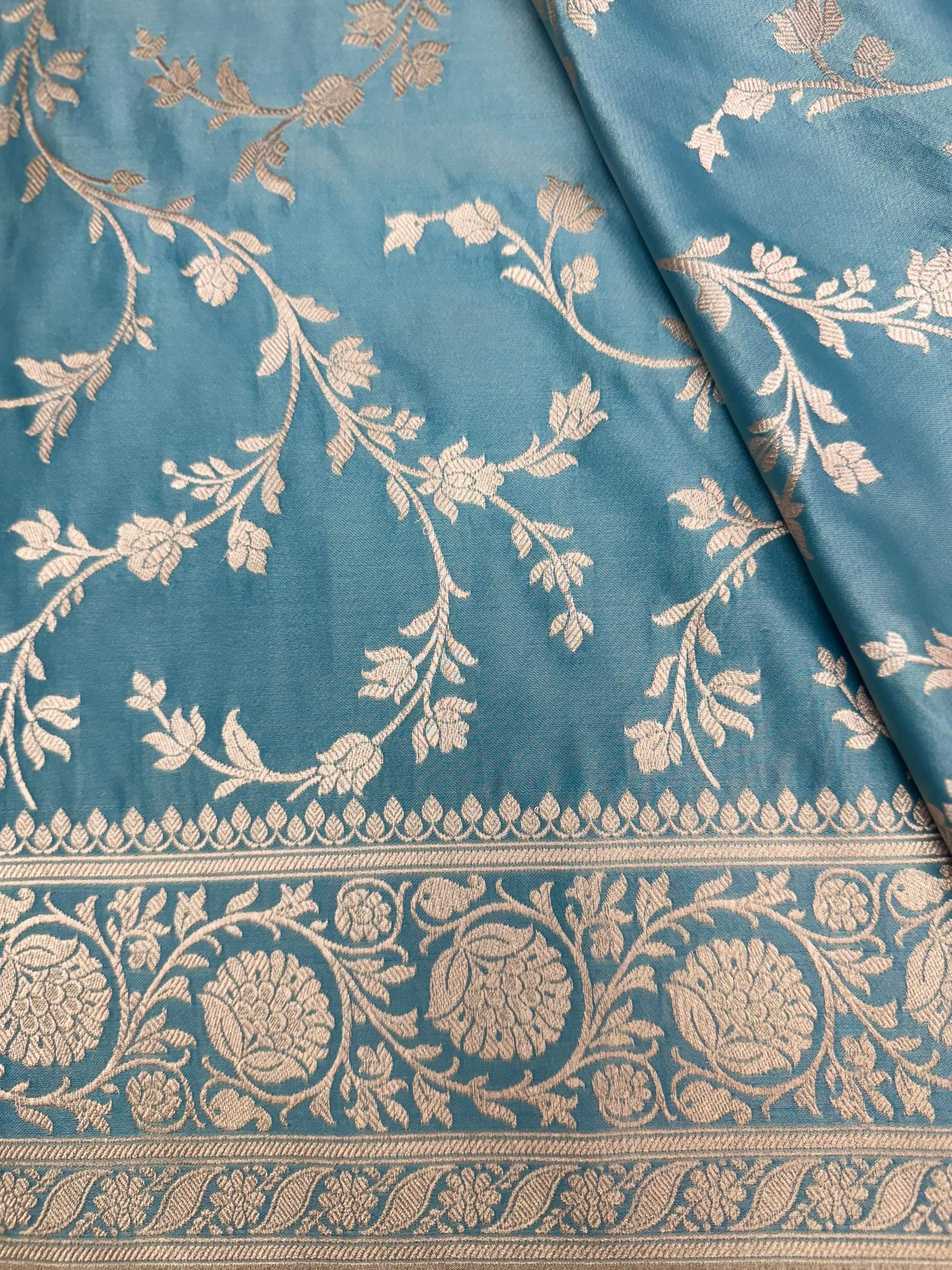Mashru Silk Phekwa (cutwork) Jaal Design Border Aqua Blue Banarasi Saree