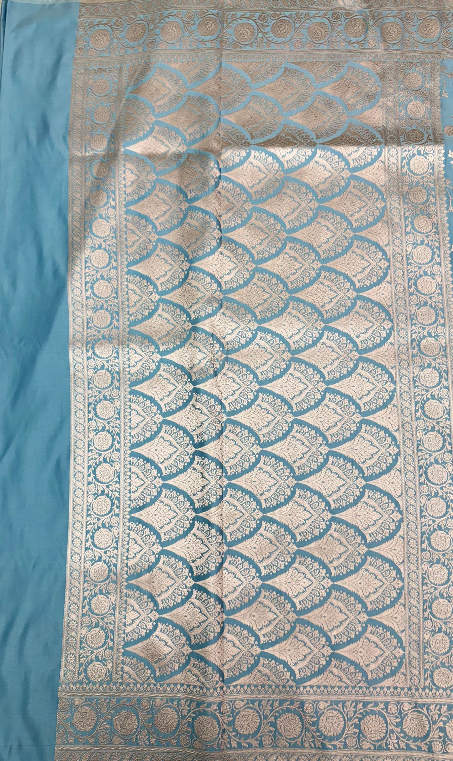 Mashru Silk Phekwa (cutwork) Jaal Design Border Aqua Blue Banarasi Saree