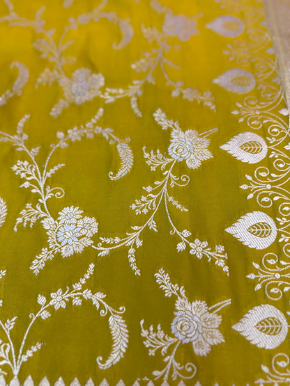 Mashru Silk Phekwa (cutwork) Jaal Design Meenakari Border Olive Yellow Banarasi Saree