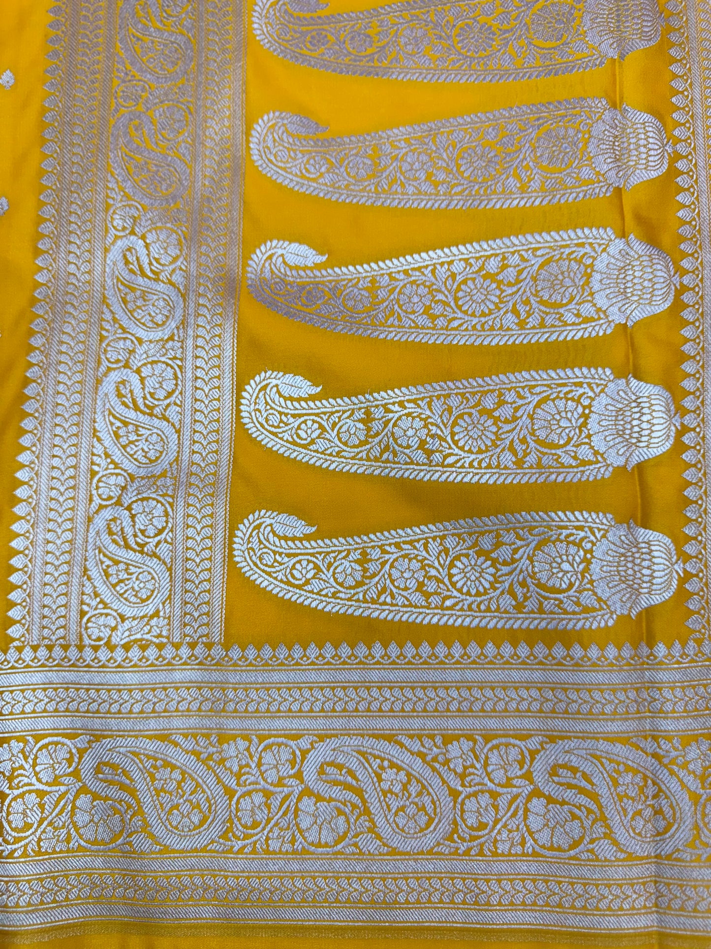Mashru Silk Phekwa (cutwork) Butidar Design Golden Yellow Banarasi Saree