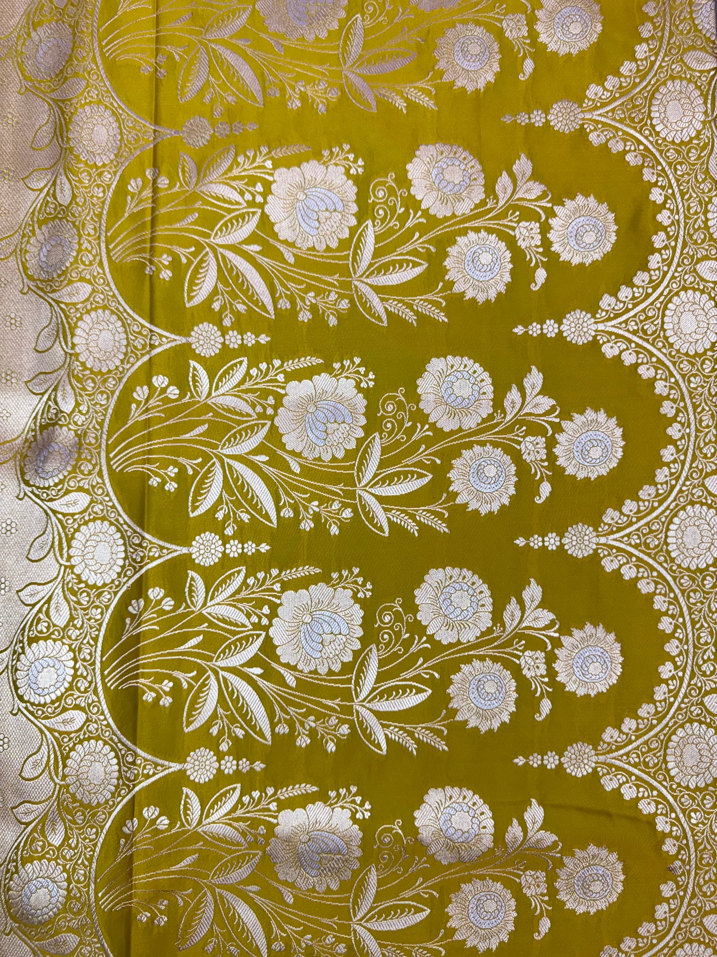 Mashru Silk Phekwa (cutwork) Jaal Design Meenakari Border Olive Yellow Banarasi Saree