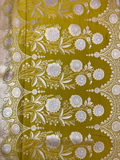 Mashru Silk Phekwa (cutwork) Jaal Design Meenakari Border Olive Yellow Banarasi Saree