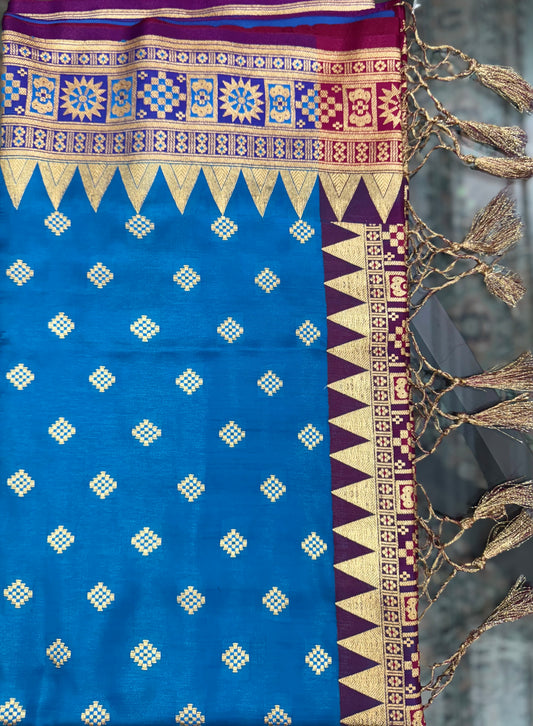 Organza Silk Phekwa Butidar Design Temple Border Blue Banarasi Saree