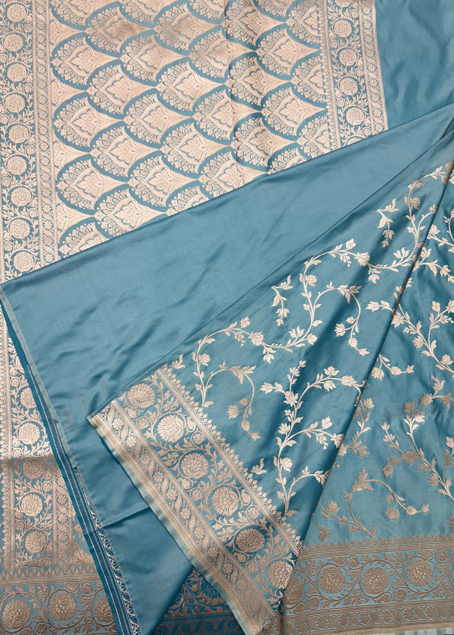 Mashru Silk Phekwa (cutwork) Jaal Design Border Aqua Blue Banarasi Saree