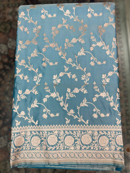 Mashru Silk Phekwa (cutwork) Jaal Design Border Aqua Blue Banarasi Saree