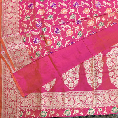 Pure Katan Kadhua Handwoven Jaal Meenakari Coral Pink Banasari Saree