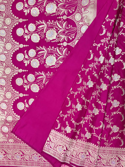 Mashru Silk Phekwa (cutwork) Jaal Meenakari Design Rani Pink Banarasi Saree