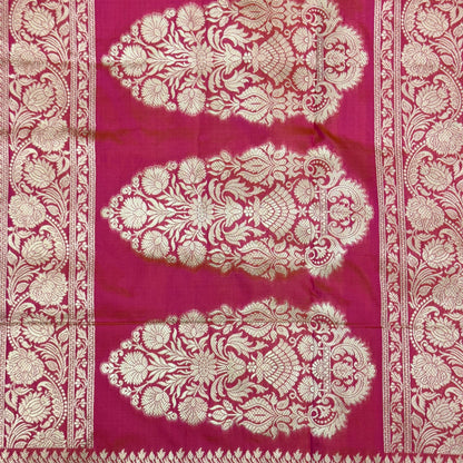 Pure Katan Kadhua Handwoven Jaal Meenakari Coral Pink Banasari Saree