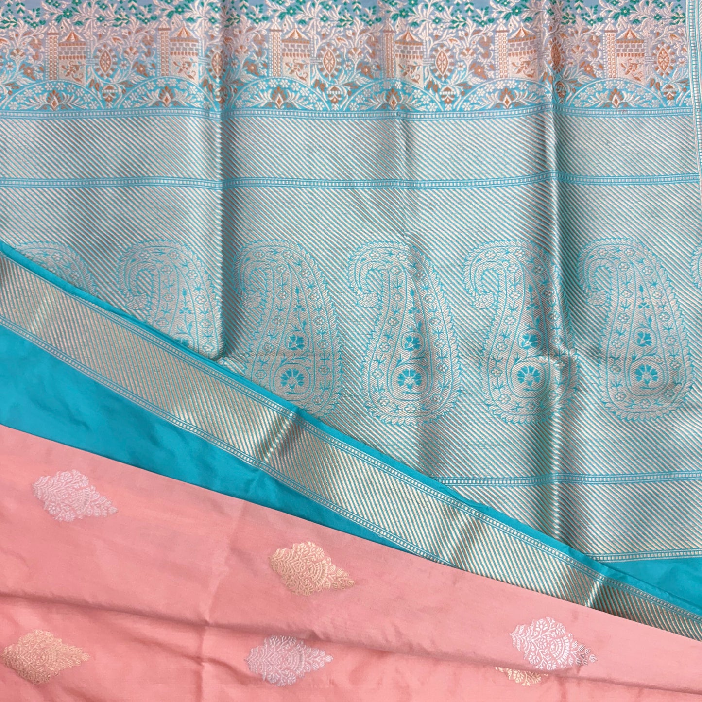 Pure Katan Kadhua Handwoven Butidar Meenakari Border Peach Banasari Saree
