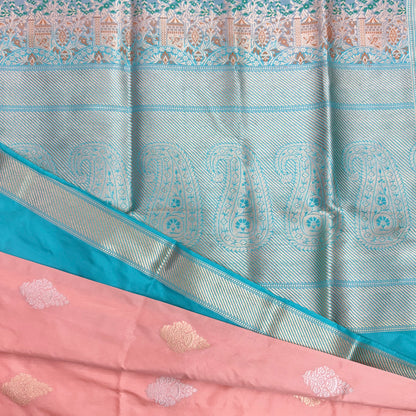 Pure Katan Kadhua Handwoven Butidar Meenakari Border Peach Banasari Saree