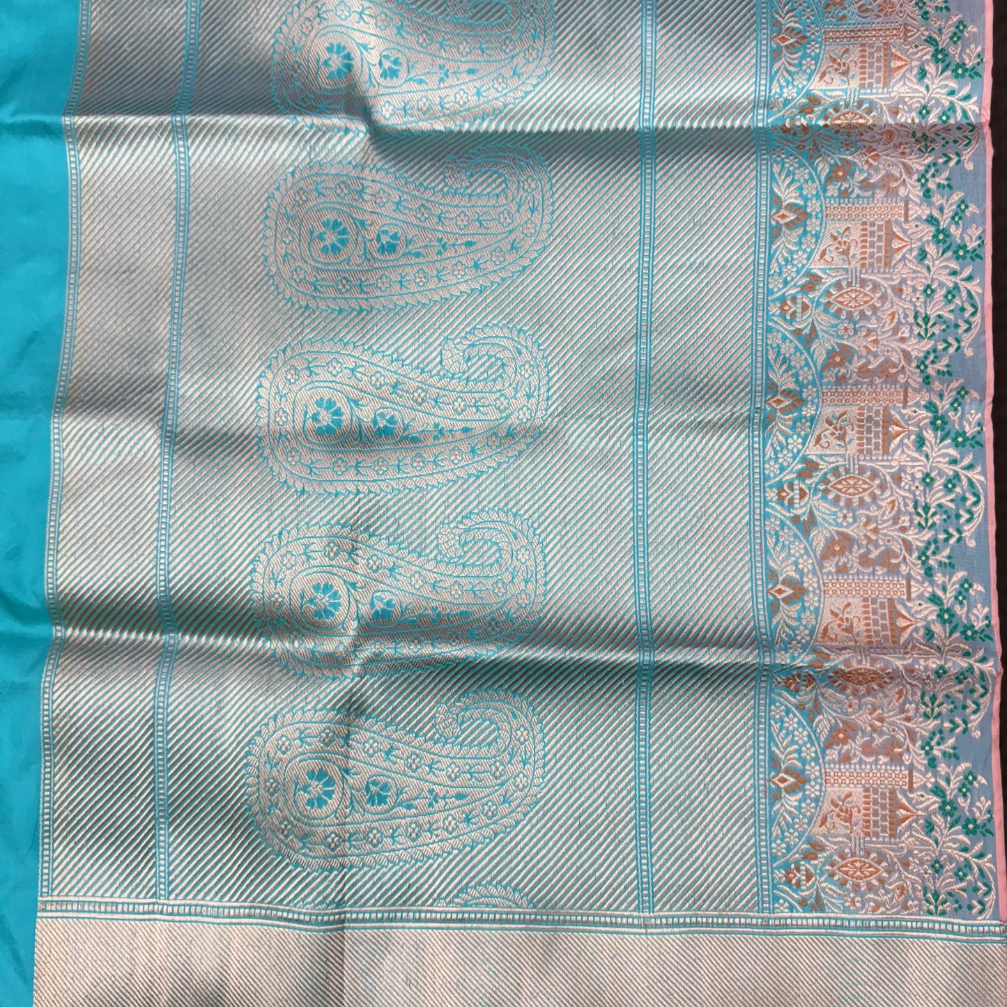 Pure Katan Kadhua Handwoven Butidar Meenakari Border Peach Banasari Saree