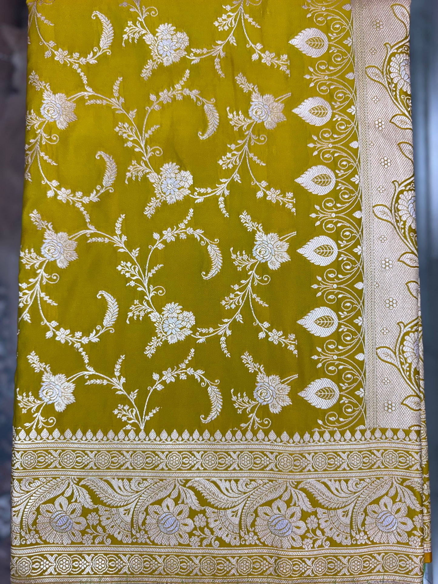 Mashru Silk Phekwa (cutwork) Jaal Design Meenakari Border Olive Yellow Banarasi Saree