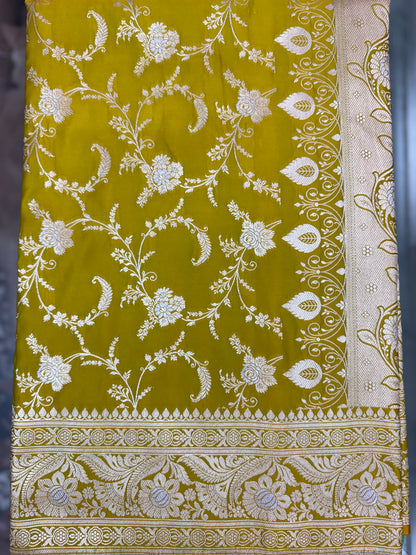 Mashru Silk Phekwa (cutwork) Jaal Design Meenakari Border Olive Yellow Banarasi Saree