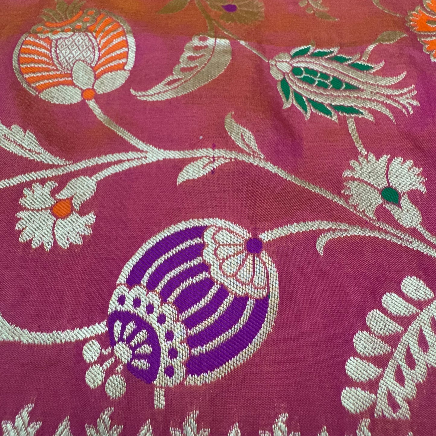 Pure Katan Kadhua Handwoven Jaal Meenakari Coral Pink Banasari Saree