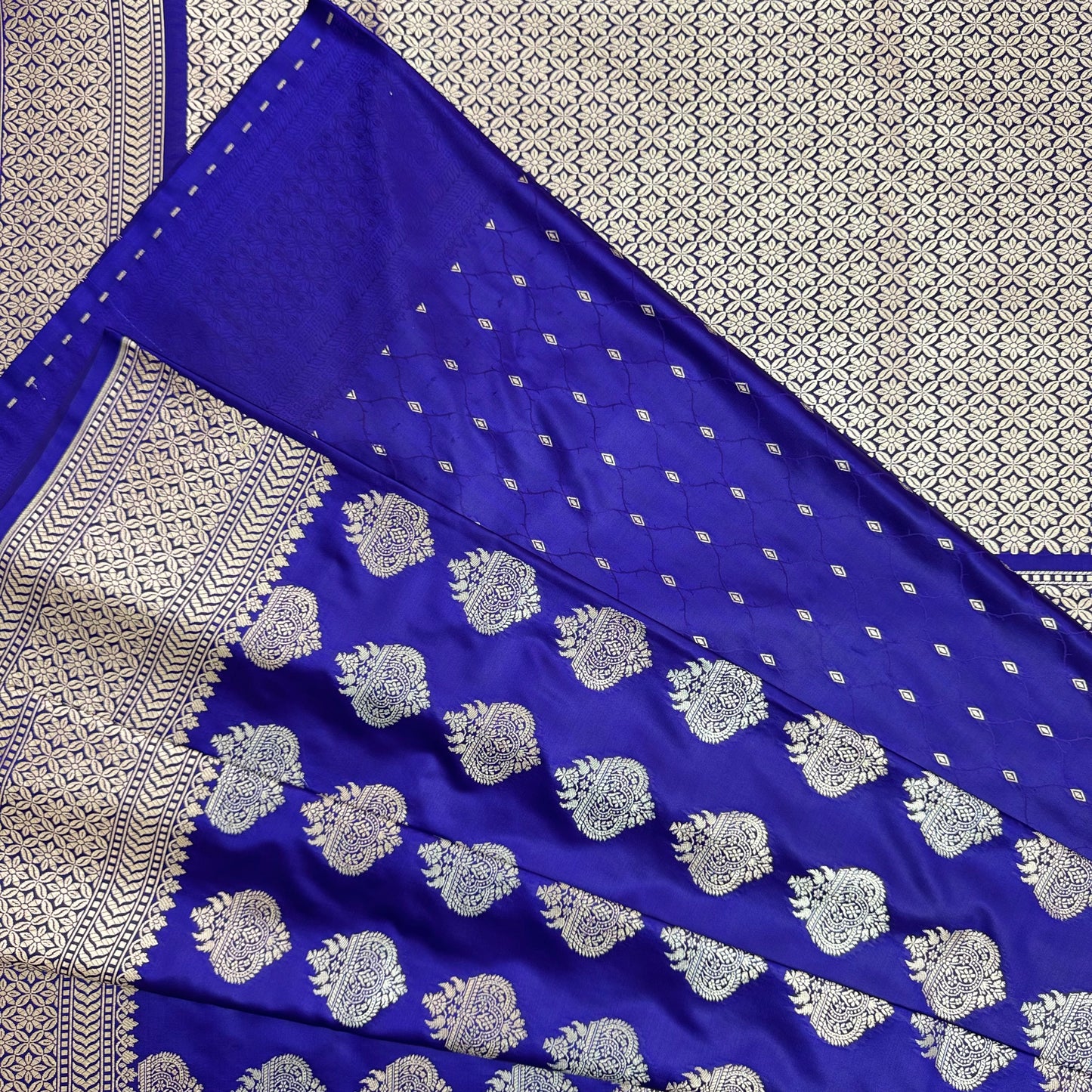 Mashru Silk Phekwa (cutwork) Dual Butidar Design Indigo Banarasi Saree