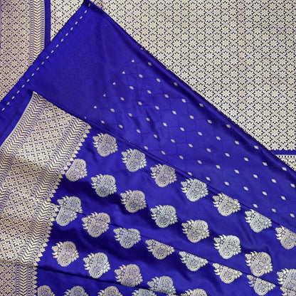 Mashru Silk Phekwa (cutwork) Dual Butidar Design Indigo Banarasi Saree