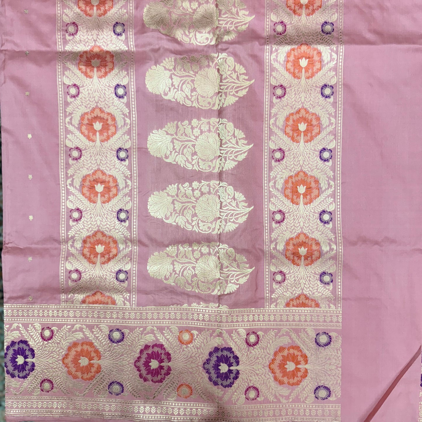 Pure Katan Phekwa Handwoven Butidar Design with Meenakari Border Baby Pink Banasari Saree