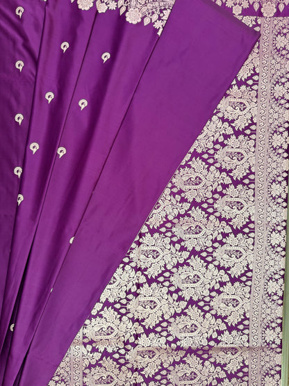 Mashru Silk Phekwa (cutwork) Butidar Design Violet Banarasi Saree