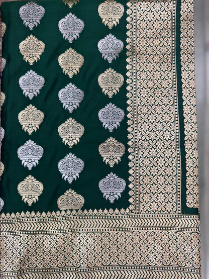 Mashru Silk Phekwa (cutwork) Butidar Meenakari Design Green Banarasi Saree