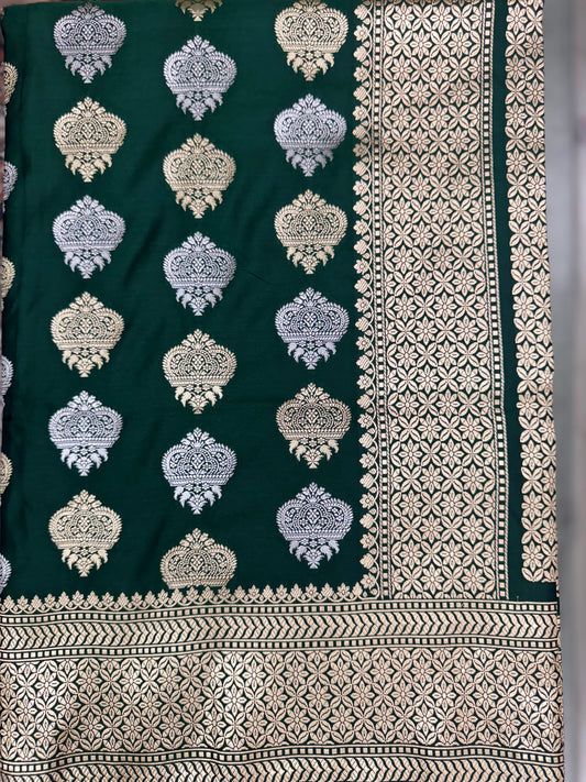 Mashru Silk Phekwa (cutwork) Butidar Meenakari Design Green Banarasi Saree