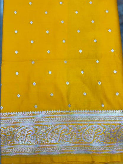 Mashru Silk Phekwa (cutwork) Butidar Design Golden Yellow Banarasi Saree