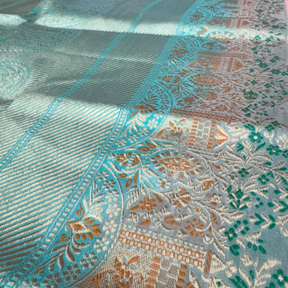 Pure Katan Kadhua Handwoven Butidar Meenakari Border Peach Banasari Saree