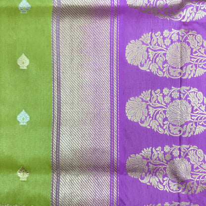 शुद्ध कटान कढुआ हाथ से बुनी हुई बूटीदार ऑलिव पीली बनसारी साड़ी 