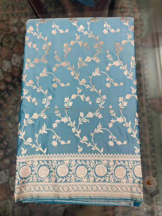 Mashru Silk Phekwa (cutwork) Jaal Design Border Aqua Blue Banarasi Saree