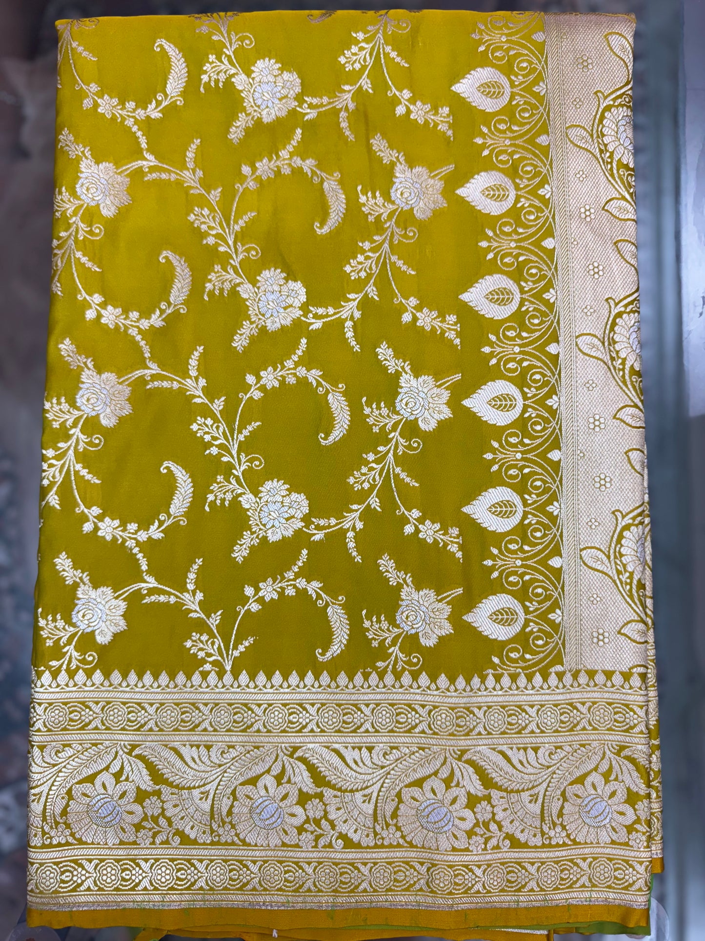 Mashru Silk Phekwa (cutwork) Jaal Design Meenakari Border Olive Yellow Banarasi Saree