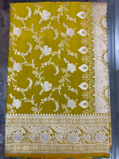 Mashru Silk Phekwa (cutwork) Jaal Design Meenakari Border Olive Yellow Banarasi Saree