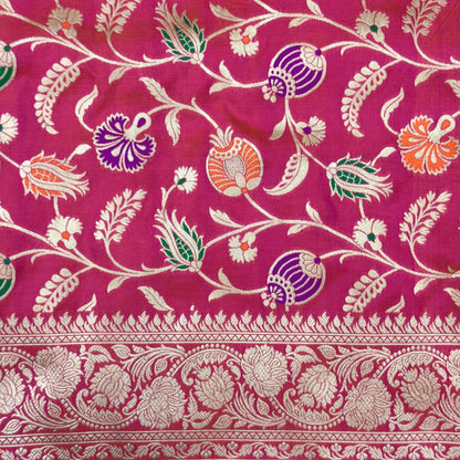 Pure Katan Kadhua Handwoven Jaal Meenakari Coral Pink Banasari Saree