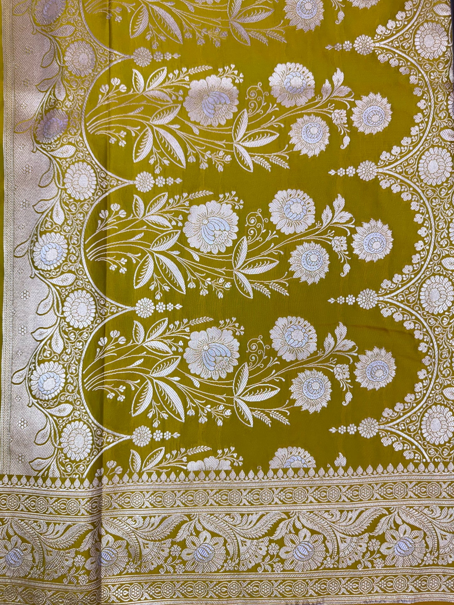 Mashru Silk Phekwa (cutwork) Jaal Design Meenakari Border Olive Yellow Banarasi Saree