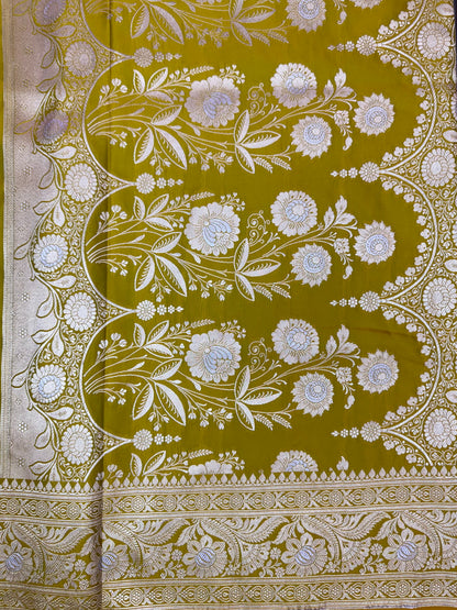 Mashru Silk Phekwa (cutwork) Jaal Design Meenakari Border Olive Yellow Banarasi Saree