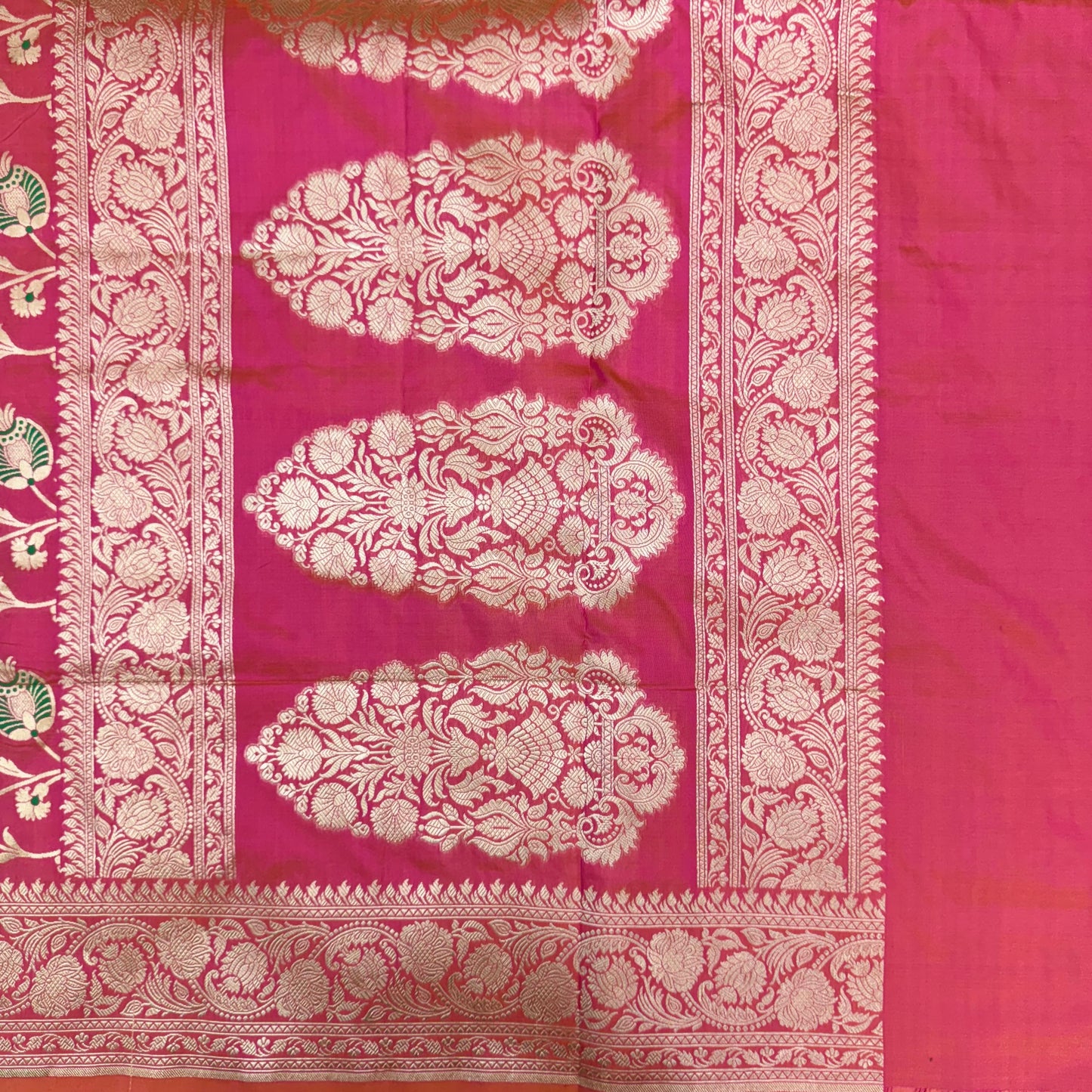 Pure Katan Kadhua Handwoven Jaal Meenakari Coral Pink Banasari Saree