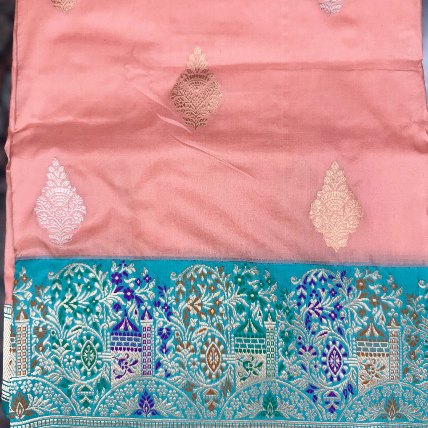 Pure Katan Kadhua Handwoven Butidar Meenakari Border Peach Banasari Saree