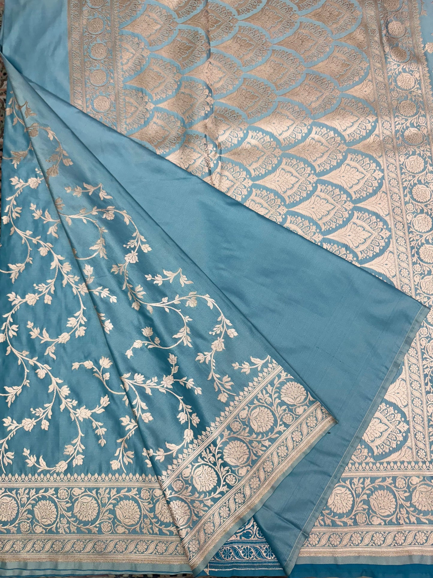 Mashru Silk Phekwa (cutwork) Jaal Design Border Aqua Blue Banarasi Saree