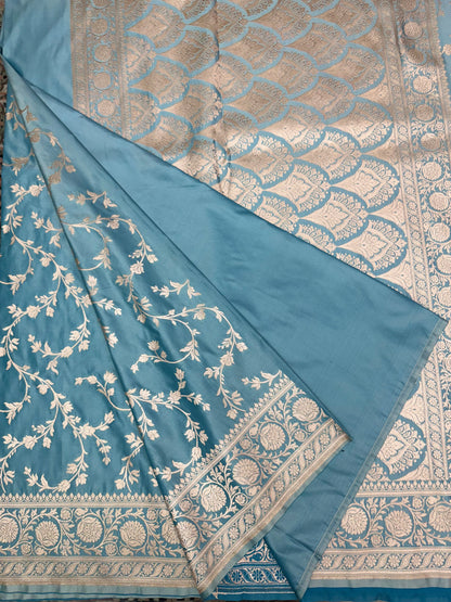 Mashru Silk Phekwa (cutwork) Jaal Design Border Aqua Blue Banarasi Saree