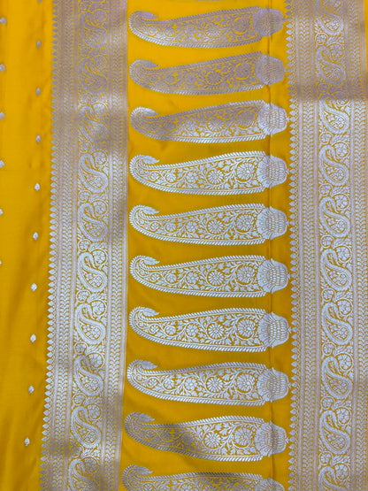 Mashru Silk Phekwa (cutwork) Butidar Design Golden Yellow Banarasi Saree