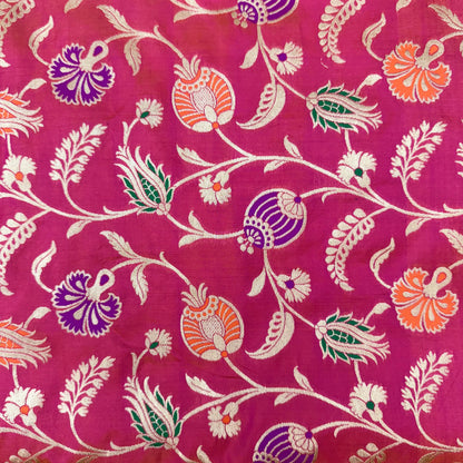 Pure Katan Kadhua Handwoven Jaal Meenakari Coral Pink Banasari Saree