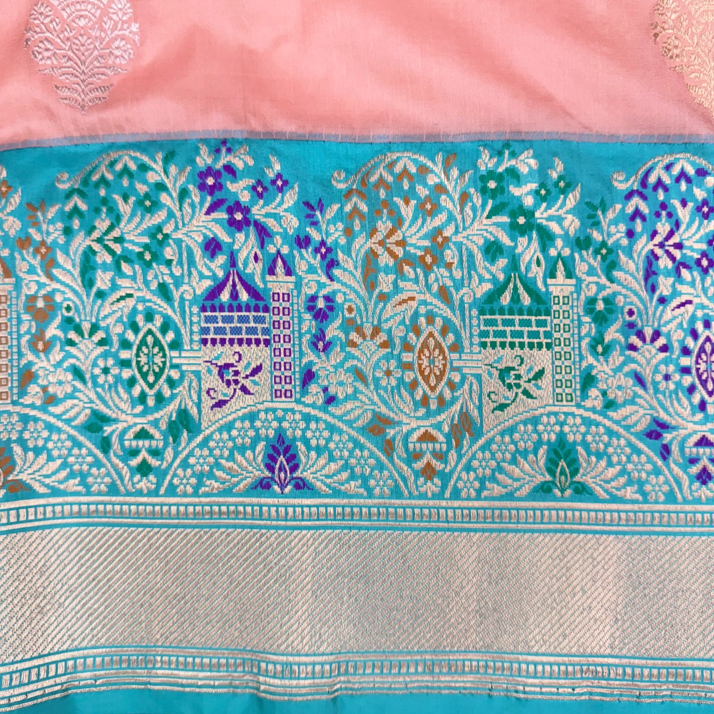 Pure Katan Kadhua Handwoven Butidar Meenakari Border Peach Banasari Saree