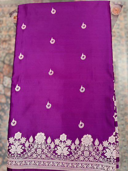 Mashru Silk Phekwa (cutwork) Butidar Design Violet Banarasi Saree