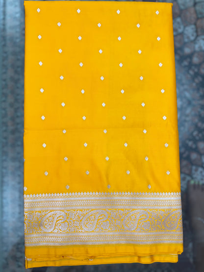 Mashru Silk Phekwa (cutwork) Butidar Design Golden Yellow Banarasi Saree
