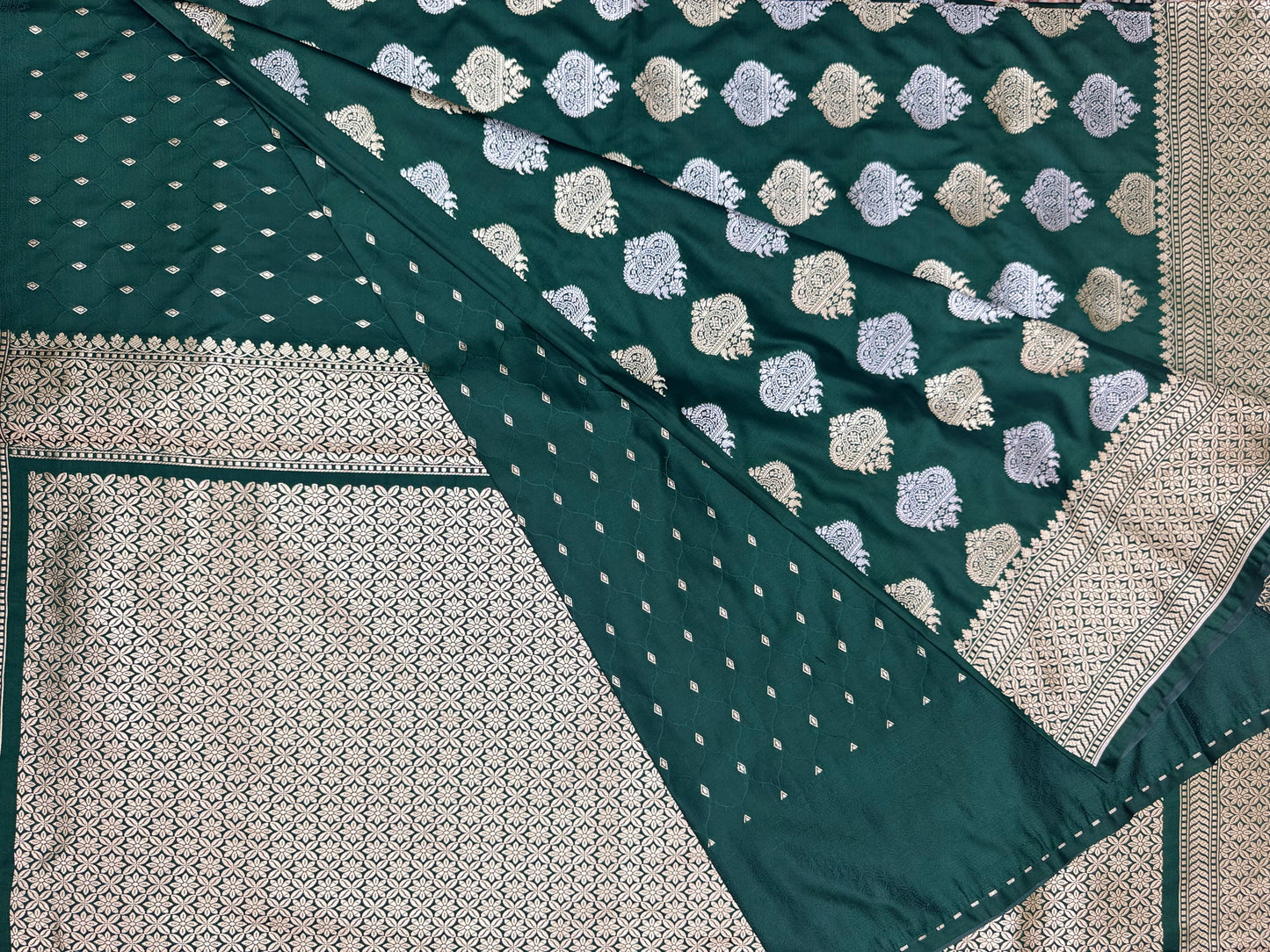 Mashru Silk Phekwa (cutwork) Butidar Meenakari Design Green Banarasi Saree