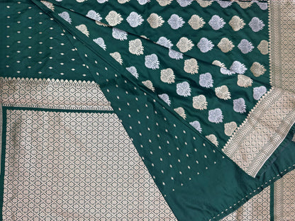Mashru Silk Phekwa (cutwork) Butidar Meenakari Design Green Banarasi Saree