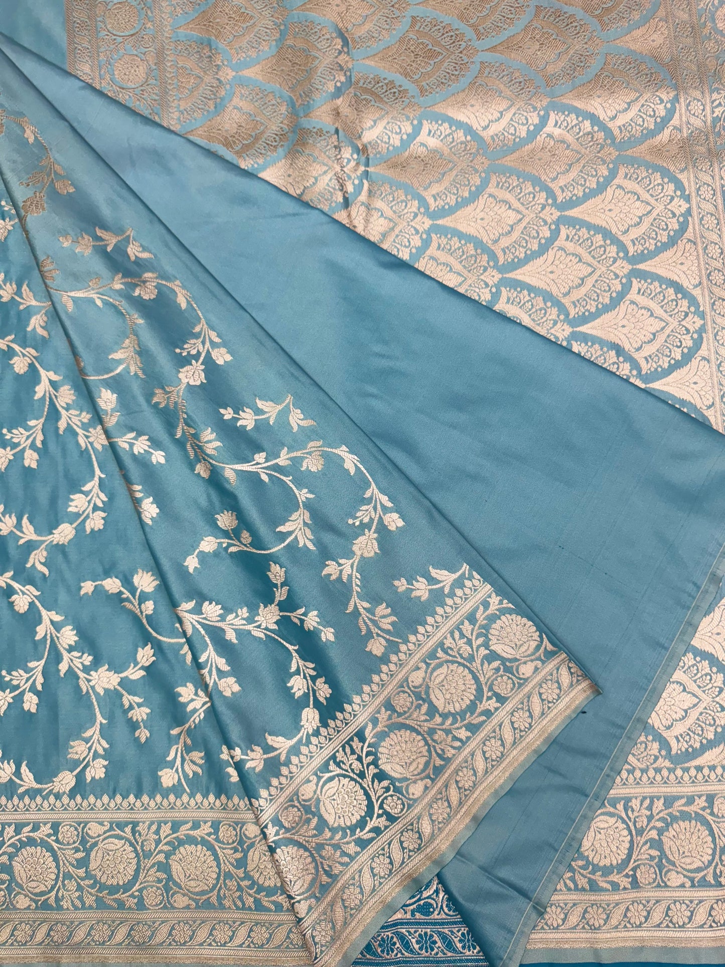 Mashru Silk Phekwa (cutwork) Jaal Design Border Aqua Blue Banarasi Saree