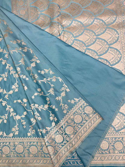 Mashru Silk Phekwa (cutwork) Jaal Design Border Aqua Blue Banarasi Saree