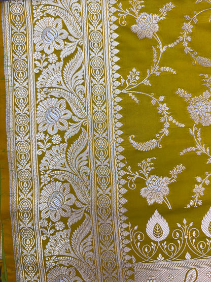 Mashru Silk Phekwa (cutwork) Jaal Design Meenakari Border Olive Yellow Banarasi Saree